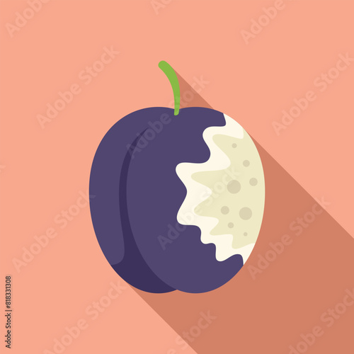 Flat design vector graphic of a ripe plum with a bite taken out, on a pastel background