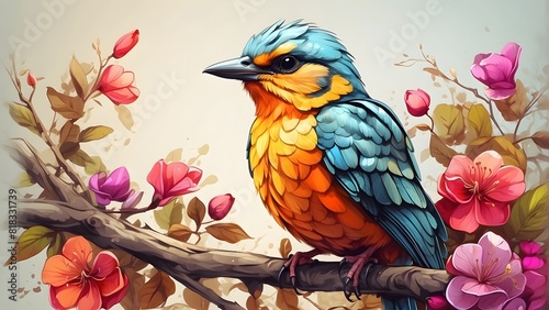 Illustration of a beautiful bird sitting on a branch, coloful and vibrant