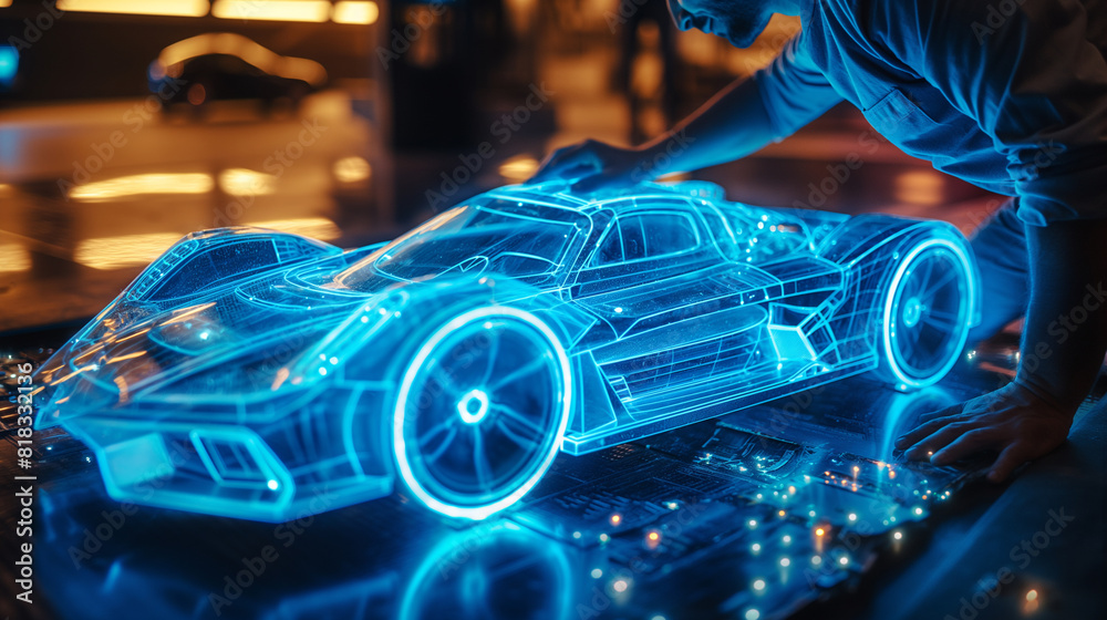 A man plays with his toy neon car. He looking at his dream car. A man plays with his toy neon car. He looking at his dream car.