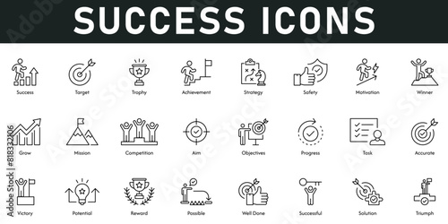 Success Icons vector illustration with thin line editable stroke containing target, achievement, strategy, safety, motivation, winner, grow, mission, competition, aim, objectives, progress, task