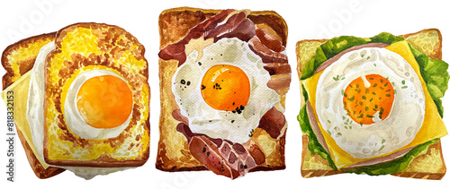 Konstfotografi Watercolor set of different toasts with various topping isolated on white collection of wheat sandwiches watercolor illustration