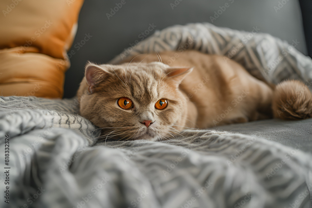 Cute red Scottish fold cat with orange eyes lying on grey textile sofa at home. Soft fluffy purebred short hair straight-eared kitty. Background, copy space, close up.