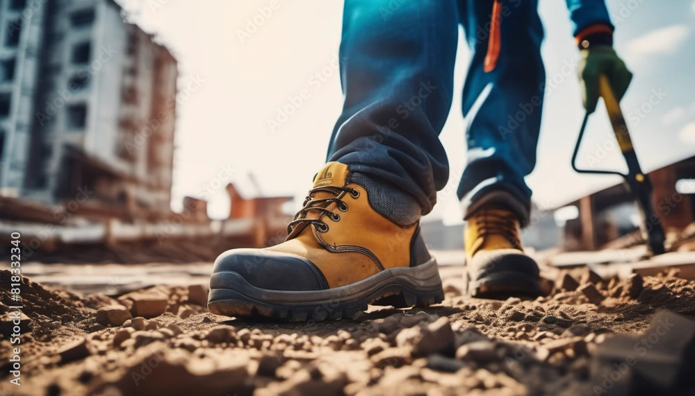 Construction worker's shoes on construction site. Construction worker's shoes on construction site.