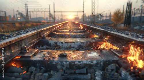   Close-up photo of train track with flames rising from between the rails, accompanied by a bright sun in the backdrop #818332339