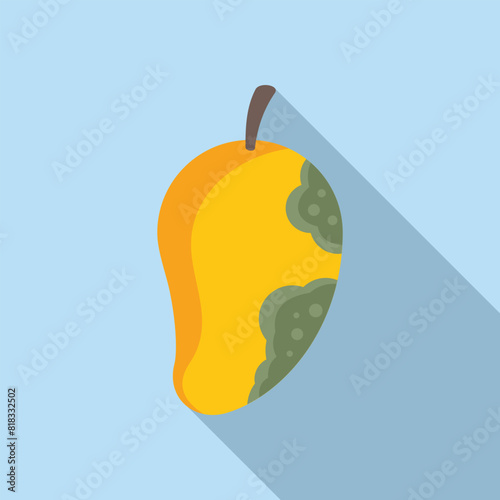 Cartoon illustration of a rotten mango with moldy, damaged, and spoiled fruit on a blue background