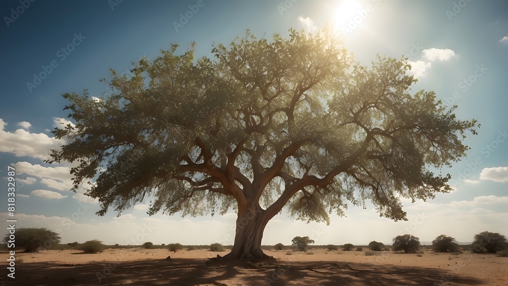International day of argania, majestic argan tree in the desert standing tall against a backdrop of hot summer sun International day of argania, majestic argan tree in the desert standing tall against a backdrop of hot summer sun