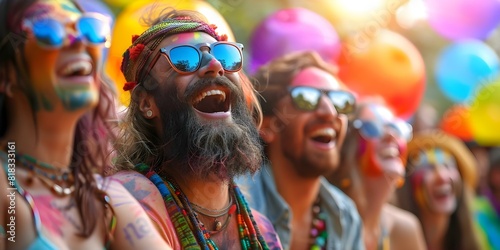 People Wearing Sunglasses  Bearded Man  and Hippy Attire Laughing. Concept Joyful Portraits  Sunglasses Fashion  Bearded Men  Hippy Style  Laughter in Photoshoot