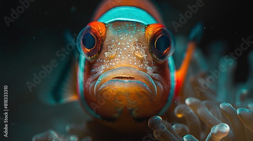  Close-up of fish face, orange & blue stripes around eyes, black background