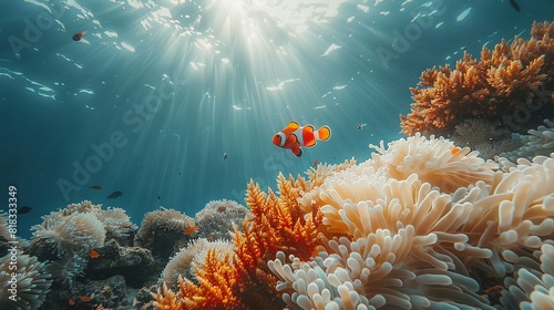  An image of an underwater scene with anemones in the foreground