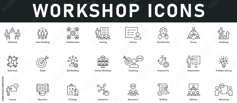 Workshop Icons vector illustration with thin line editable stroke containing team building, teamwork, collaboration, training, group, challenge, goals, productivity, education, strategy, brainstorm Workshop Icons vector illustration with thin line editable stroke containing team building, teamwork, collaboration, training, group, challenge, goals, productivity, education, strategy, brainstorm