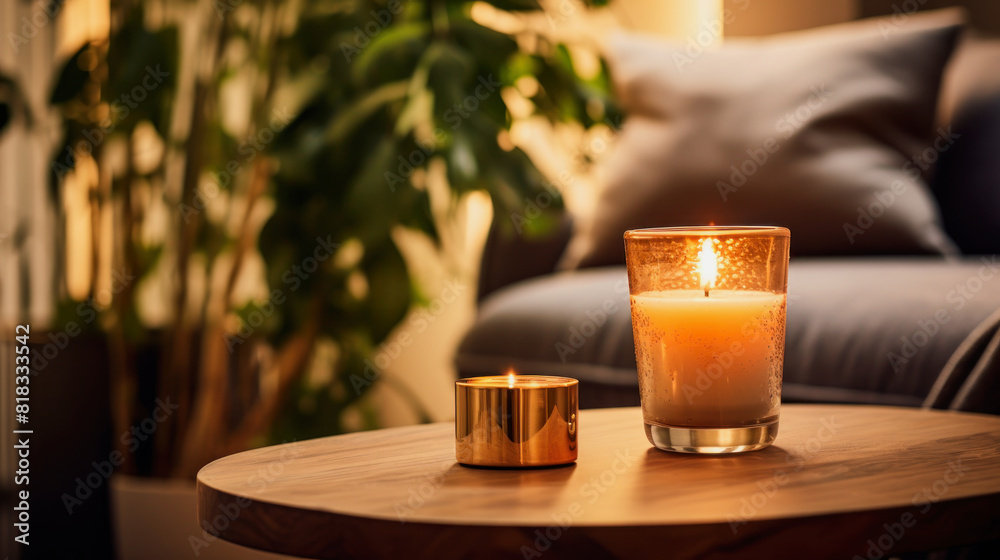 Obraz premium illustration of a luxury candle in front of a blurry living room