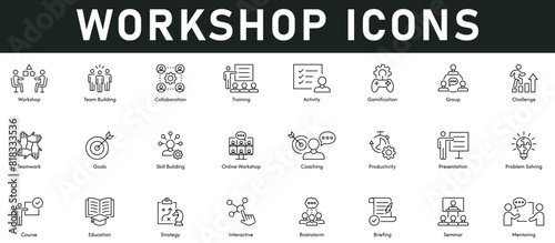 Workshop Icons vector illustration with thin line editable stroke containing team building, teamwork, collaboration, training, group, challenge, goals, productivity, education, strategy, brainstorm