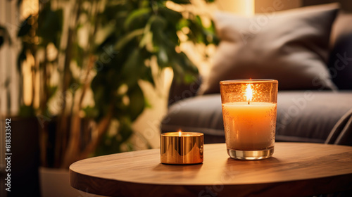 illustration of a luxury candle in front of a blurry living room