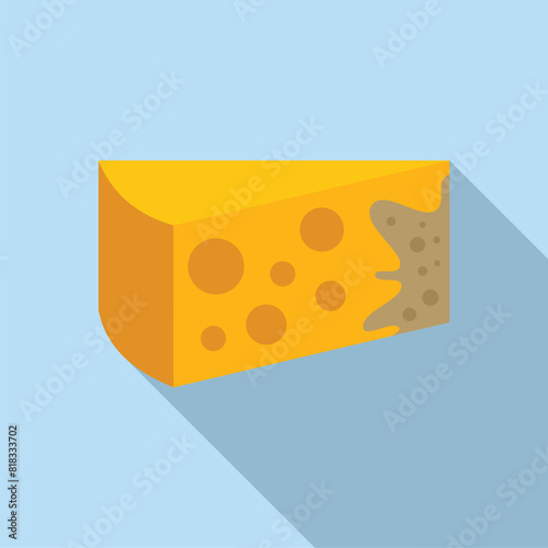 Digital illustration of a wedge of yellow cheese with holes, cast shadow, isolated on a blue backdrop