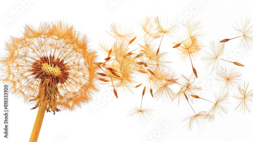   A high-resolution image of a dandelion seed cluster on a pure white background, with delicate white strands capturing their movement as they float in the gentle breeze