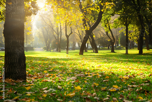Empty city green park with lawn tall trees and trimmed grass with fallen leaves on an early sunny warm morning