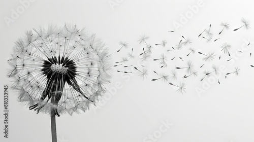   Black and white dandelion blowing in wind photos