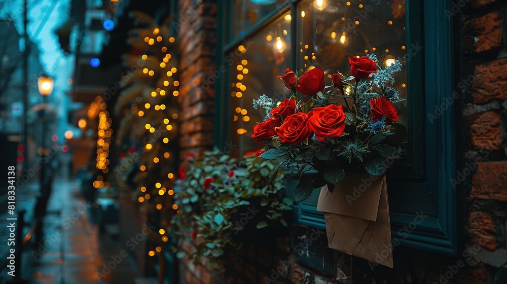   A red rose bouquet on a window sill, in front of a brick building, with Christmas lights behind it