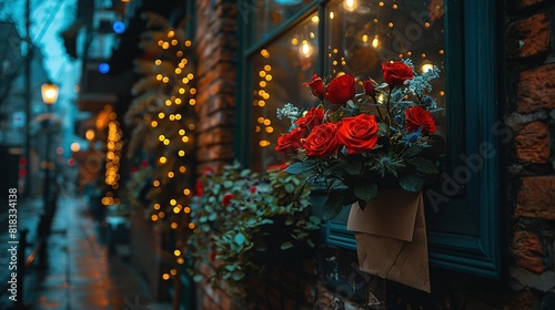  A red rose bouquet on a window sill, in front of a brick building, with Christmas lights behind it