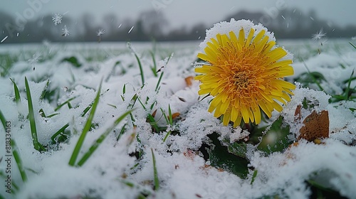   A snow-covered field with a yellow flower in the center and snowflakes on the ground photo