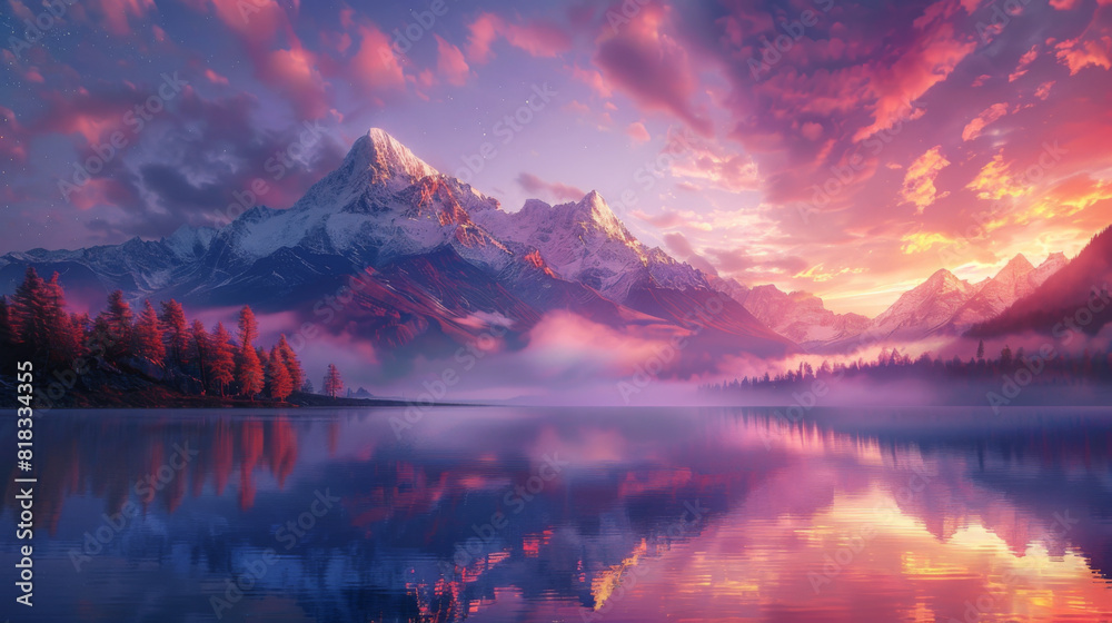 Stunning sunrise over a tranquil mountain lake reflecting a majestic snow-capped peak and colorful sky.