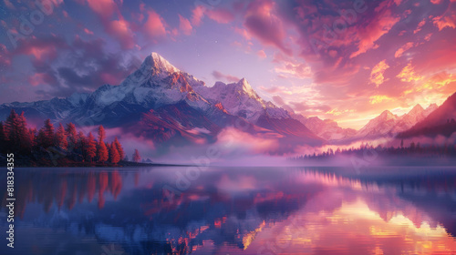 Stunning sunrise over a tranquil mountain lake reflecting a majestic snow-capped peak and colorful sky. © khonkangrua