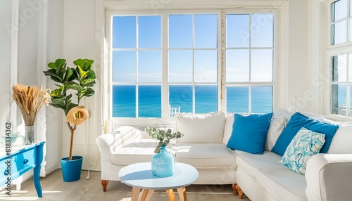 modern living room interior, ocean view, blue and white decor, bright