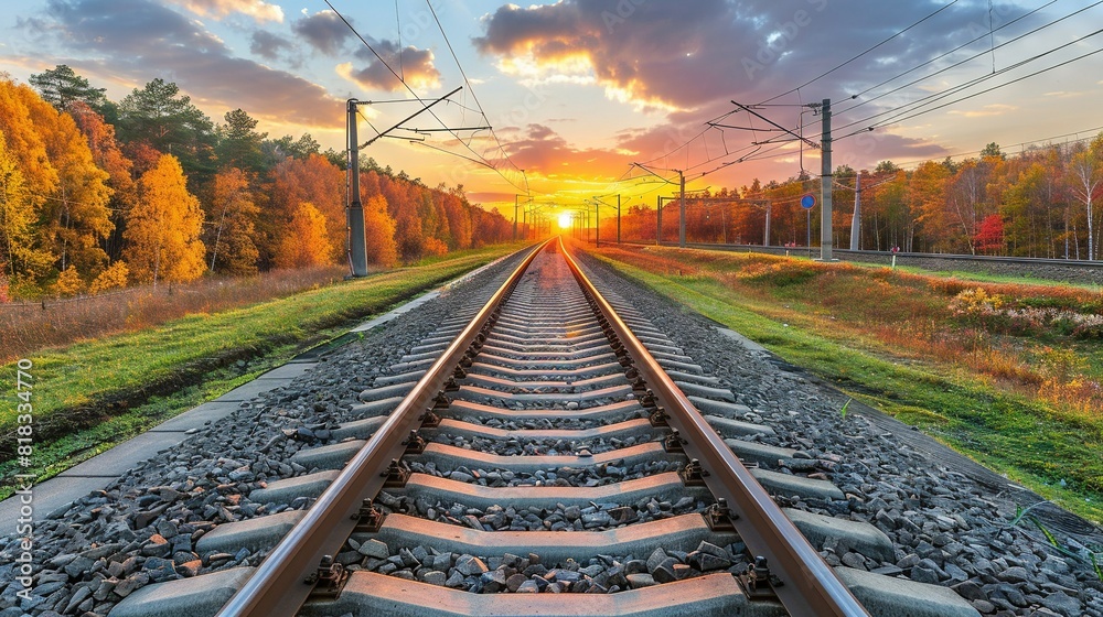 Fototapeta premium Train track with sunset, trees, and grass in background