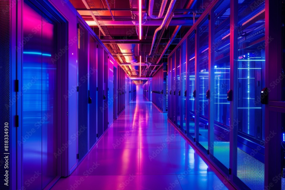 Fototapeta premium Long hallway with many rows of servers in it, Data center background 