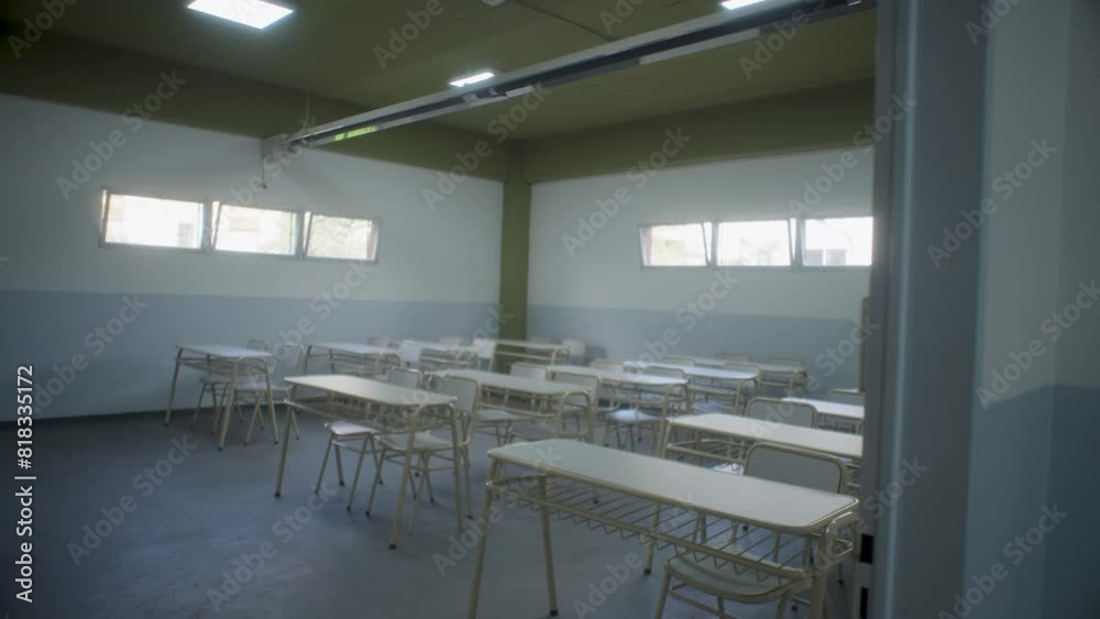 Aula de escuela o colegio con pupitres y bancos nuevos blancos.
