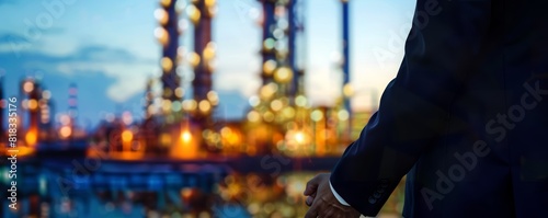 Businessman standing in front of illuminated industrial plant at dusk.