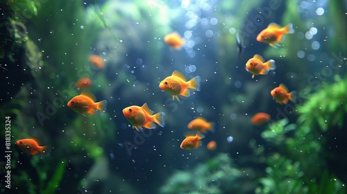  Small yellow fish swim in a large aquarium, surrounded by lush greenery and illuminated water