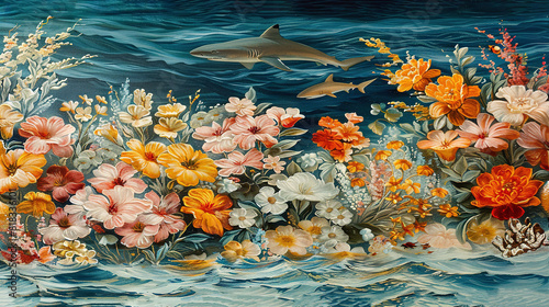   Sea Scene with Dolphin and Shark - a painting featuring a serene ocean landscape adorned with vibrant flowers  playful dolphins swimming gracefully 