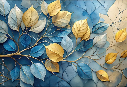 A grunge-style golden leaves banner on a tree branch on a blue background with a turquoise texture. The cold and golden colors of nature, the floral background. Autumn, artistic painting