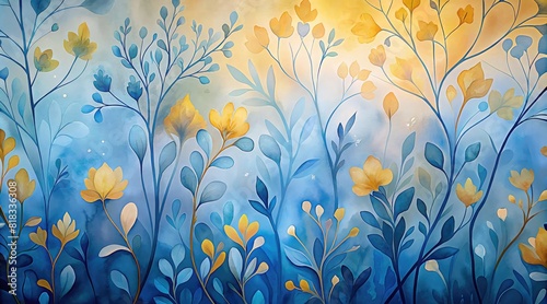 Golden flowers on a blue background, pale blue leaves. Yellow, dark blue floral illustration on a multicolor background in full frame for a winter, summer or spring field. Decorative plants-garlands i
