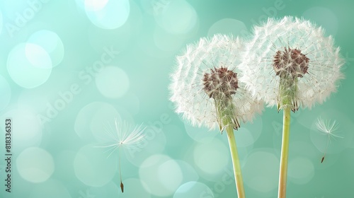   Dandelions on a green table against a blue background