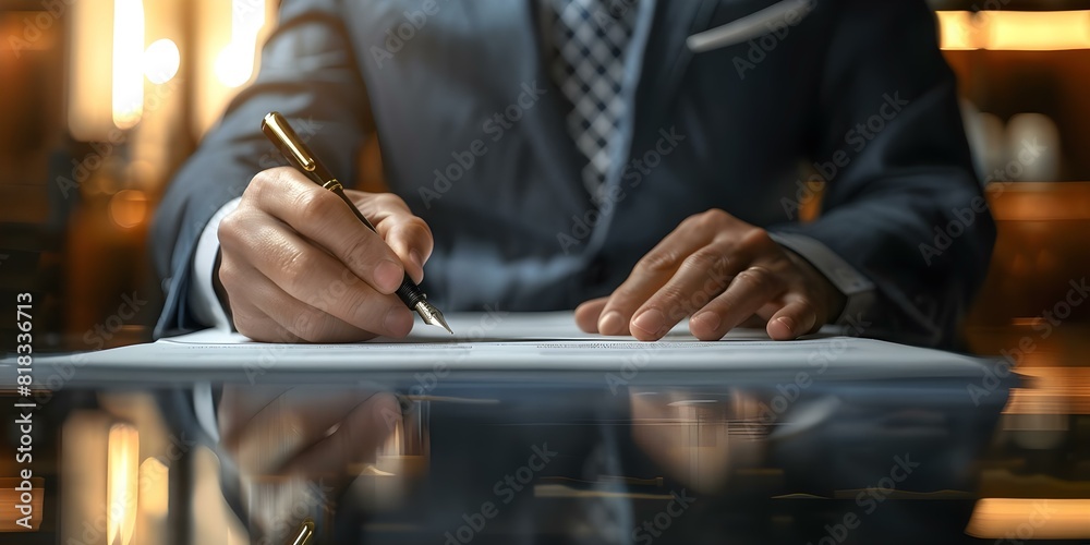 Business executive in suit signing documents with fountain pen focus on hands. Concept Business, Executive, Signing, Documents, Fountain Pen