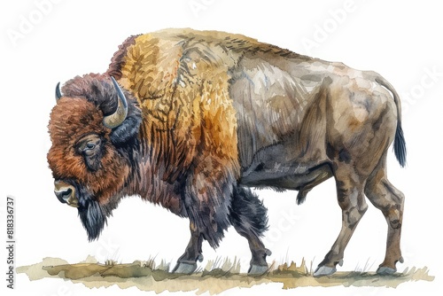 Bison,  Pastel-colored, in hand-drawn style, watercolor, isolated on white background photo