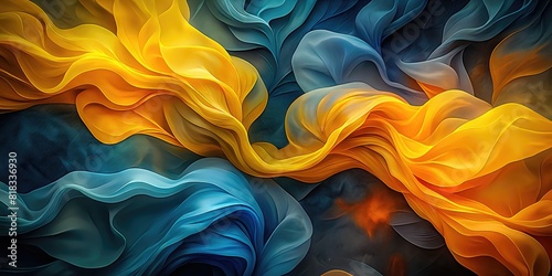 Abstract waves of blue, gold, yellow colors, flowing silk waves. Abstract bright yellow soft silk fabric with wavy folds. Modern luxurious satin background with wavy draperies. Opaque material