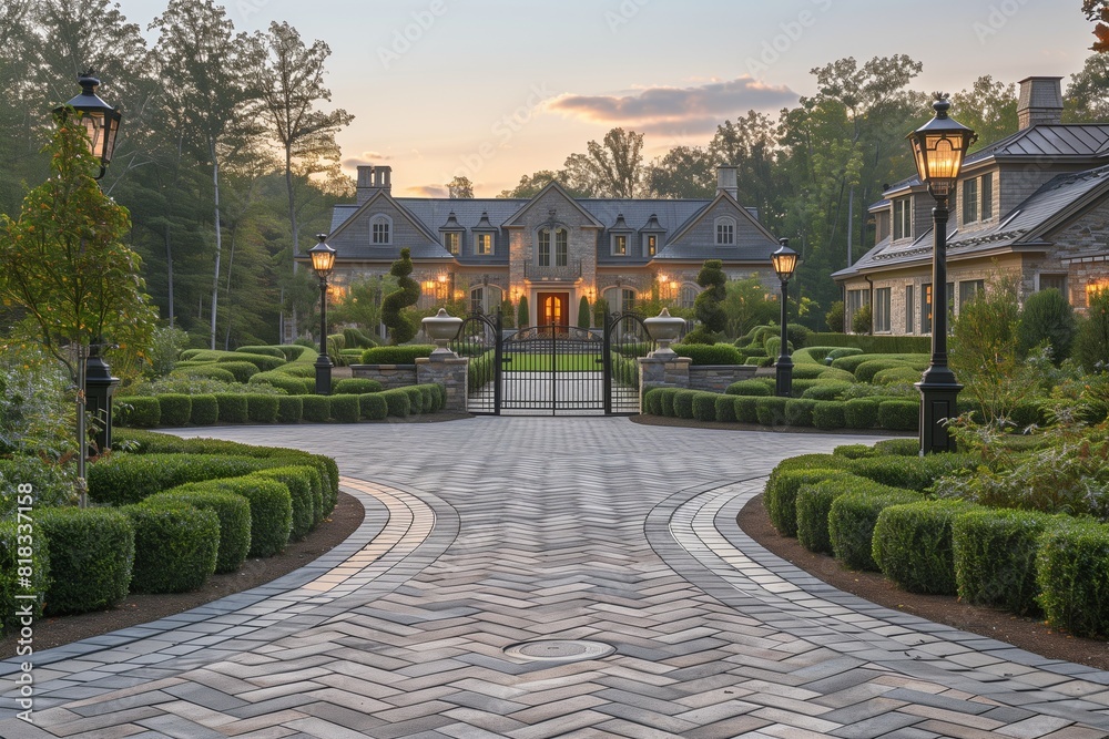 Elegant curved driveway design, featuring interlocking pavers in a herringbone pattern that leads to a stately manor.
