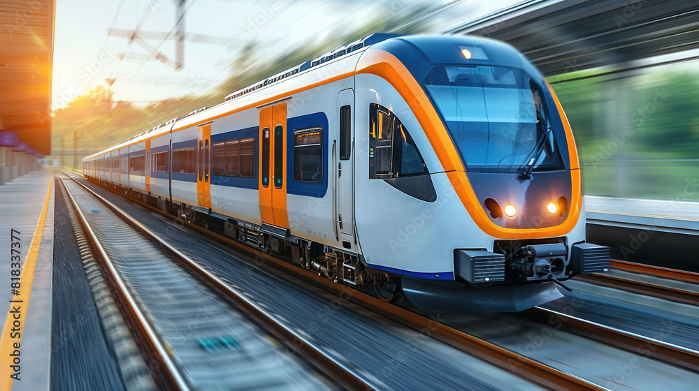 A train descends train tracks alongside a luminous station light A train descends train tracks alongside a luminous station light