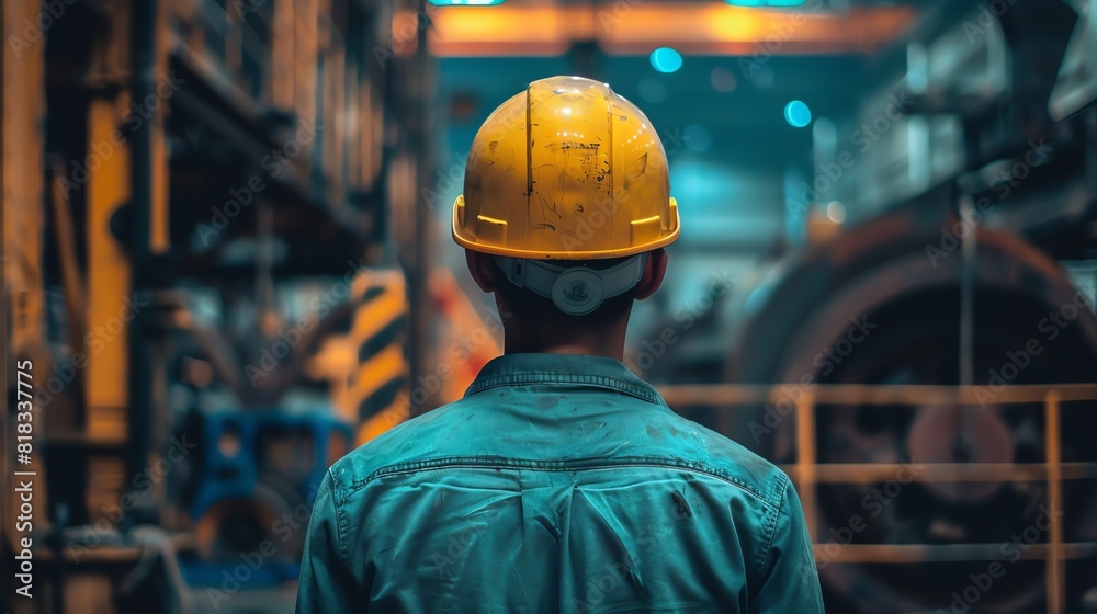 Rear view of a male worker in a yellow safety helmet in factory background Rear view of a male worker in a yellow safety helmet in factory background