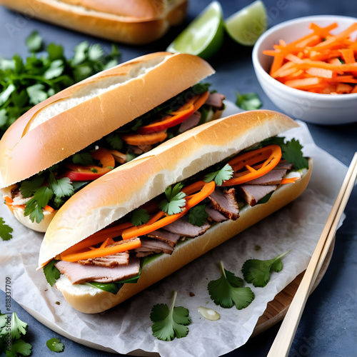 A Vietnamese banh mi sandwich with crispy baguette, savory pork, pickled vegetables, and fresh cilantro