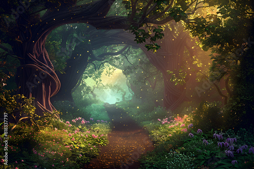 Fantasy background . Magic forest with road.