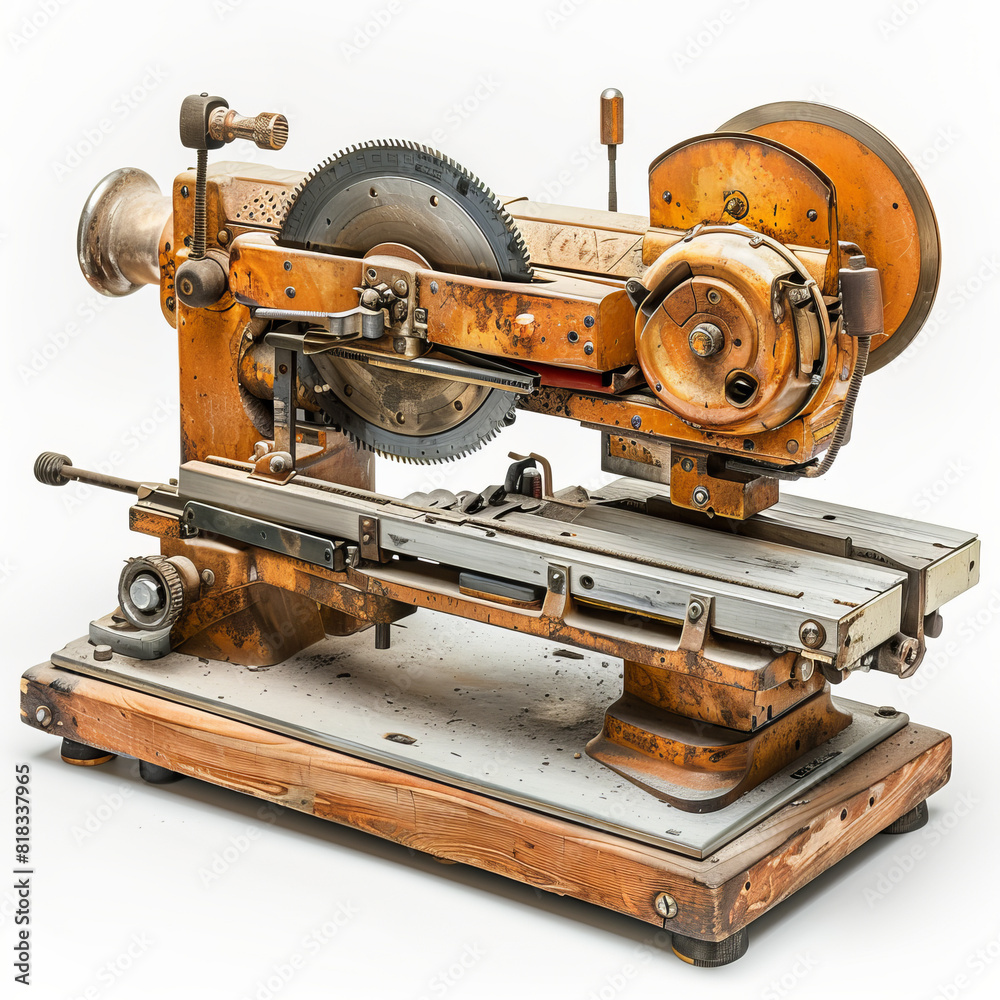 Vintage orange and rusted metal cutting machine isolated on white background.