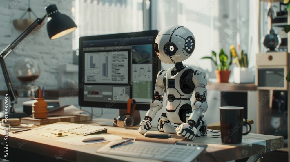 AI robot analyzes data on a computer in a high-tech workspace, highlighting the intersection of robotics and data science AI robot analyzes data on a computer in a high-tech workspace, highlighting the intersection of robotics and data science