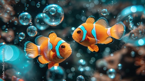   Two clownfish swim in an aquarium with water bubble on the surface photo