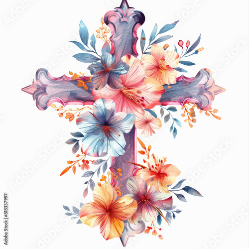 A colorful cross with flowers and leaves