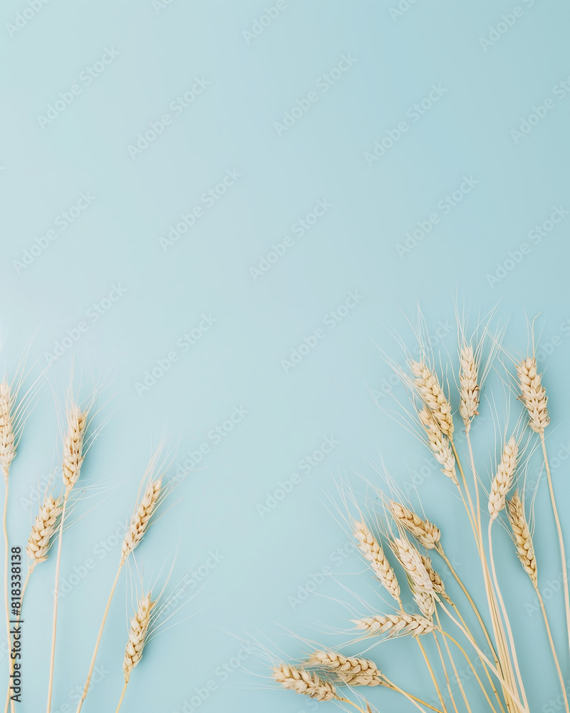 Beautiful ears of wheat on a blue background,close up.Generative AI. Beautiful ears of wheat on a blue background,close up.Generative AI.