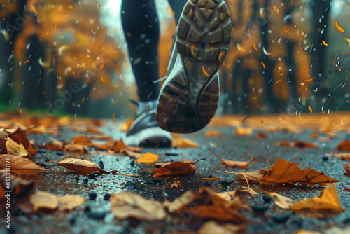 Feet of a jogger run up in autumn weather with leaves on the ground #818338121